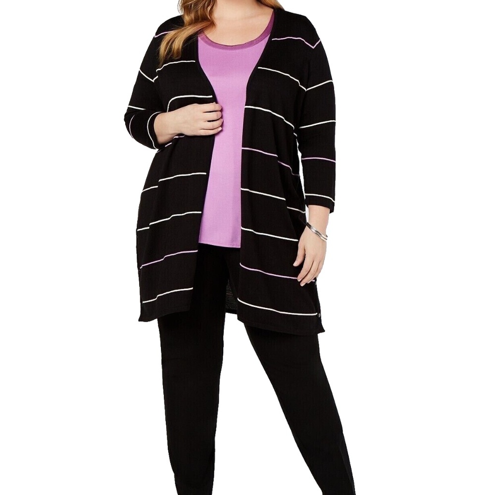 Alfani Women's Black Piped Stripe Open Front Cardigan Plus Size 1X